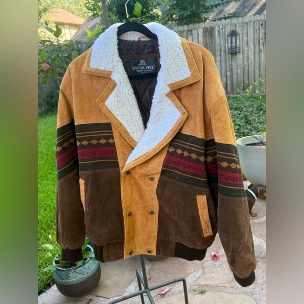 Vtg Leather Western Jacket Men’s Southwestern Aztec Suede Sherpa Quilted